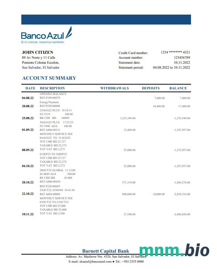 Szablon wyciągu bankowego Salvador Banco Azteca w programie Word i PDF